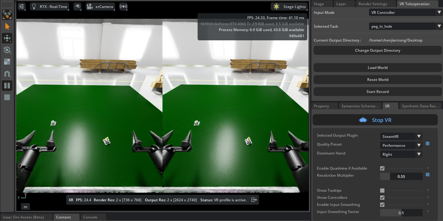 Isaac Sim state of the peg_in_hole task with VR enabled