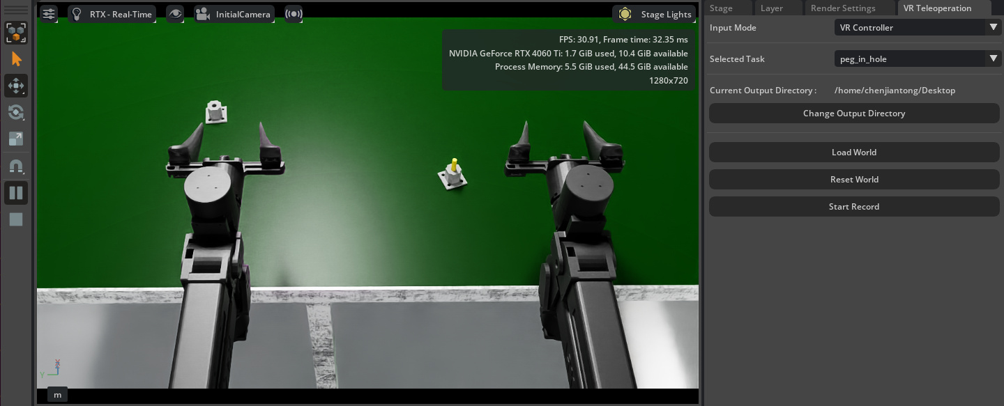 Isaac Sim state of the peg_in_hole task without VR enabled